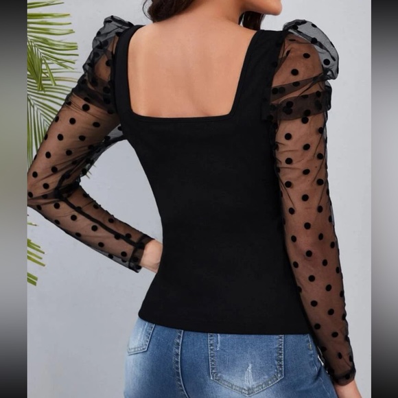 Elegant Sheer Mesh Lace Puff Long Sleeve Beaded Top Blouse Shirt - Picture 2 of 6